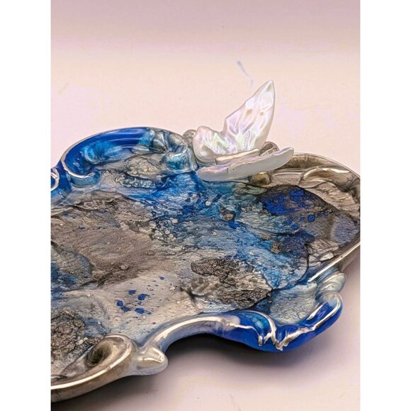 Handcrafted Resin Jewelry Dish With Butterfly Accent-Blue & Silver Swirl Design - Picture 2 of 7